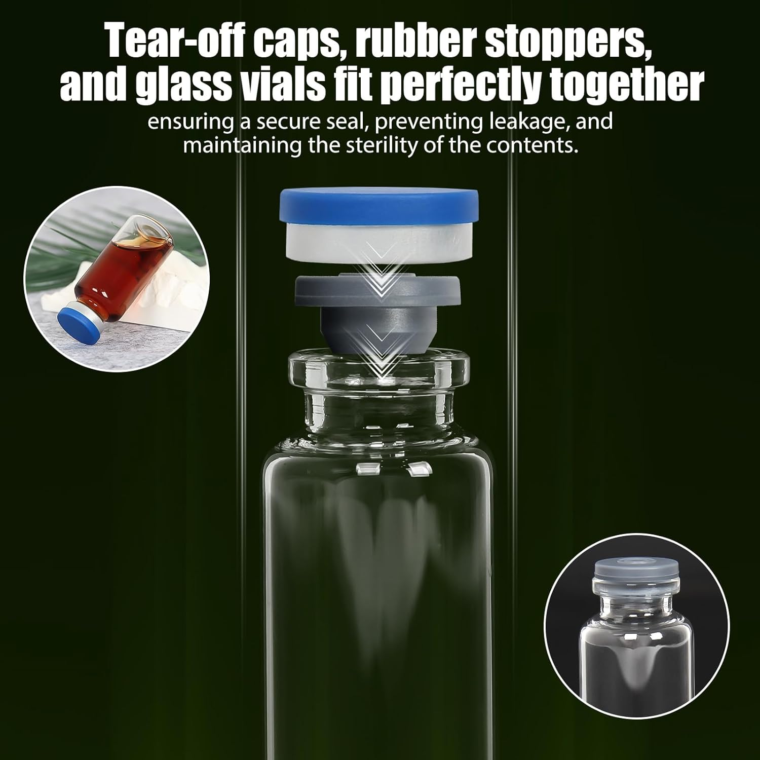 20ml Clear Glass Vials with Plastic-Aluminum Flip Caps and Rubber Injection Stoppers